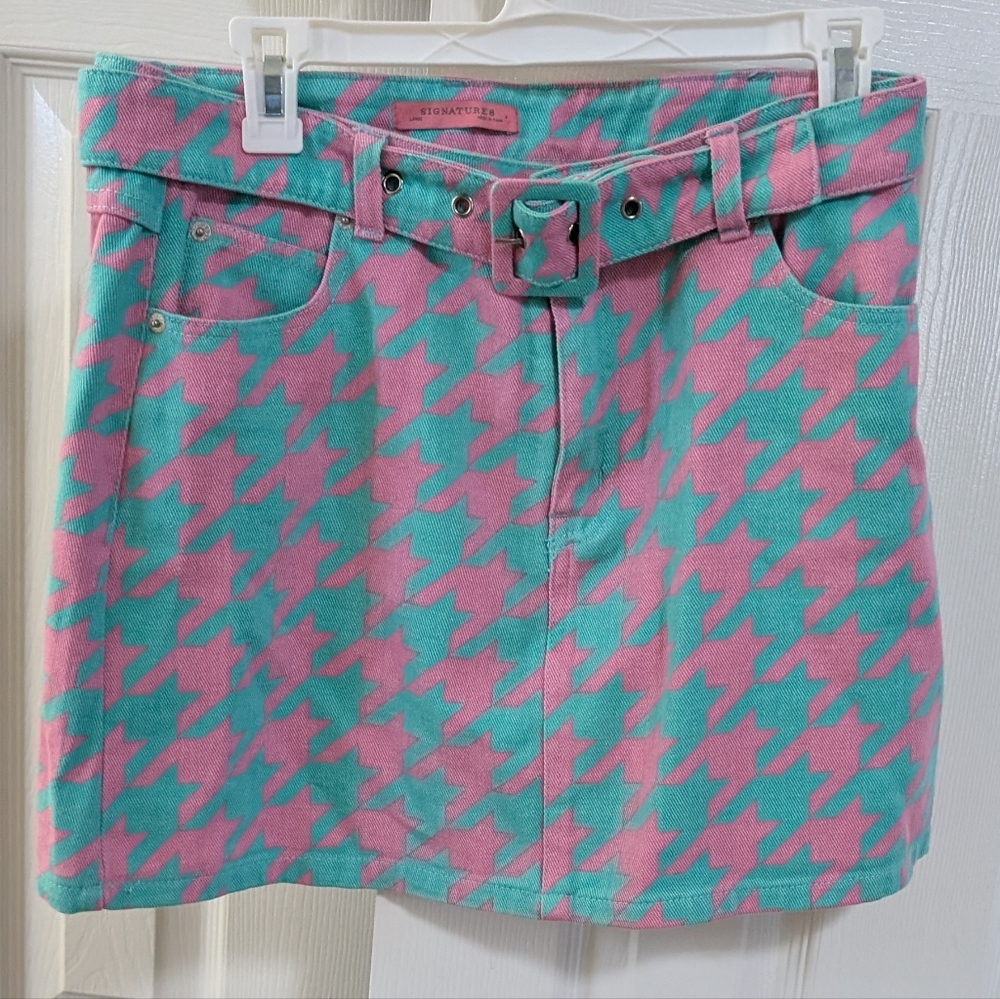 Signature8 Pink and Green Houndstooth Mini Skirt